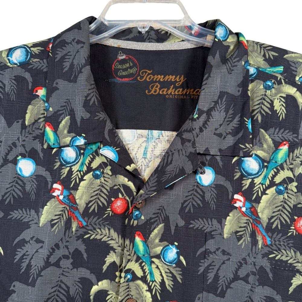 Tommy Bahama Shirt Mens 3XL Black Silk Christmas Tropical Bird Ornament Camp S/S